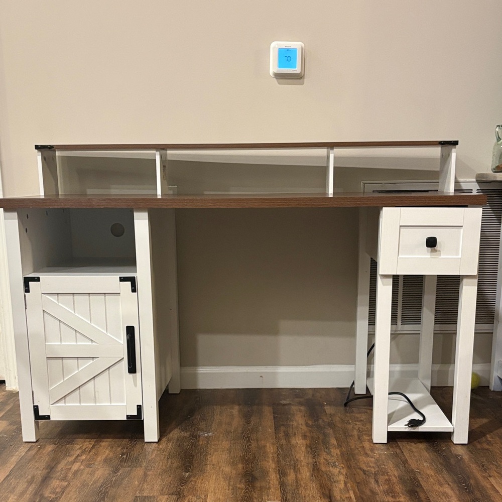 Wooden Desk with Built-in Power Strip and USB ports.